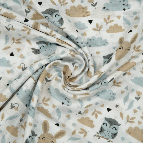 Muslīns - Pūces un zaķīši (bēši, pelēki) uz balta fona